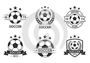 Soccer logo set with a ball. Football club or team emblem, badge, icon design. Sport tournament, league, championship label.